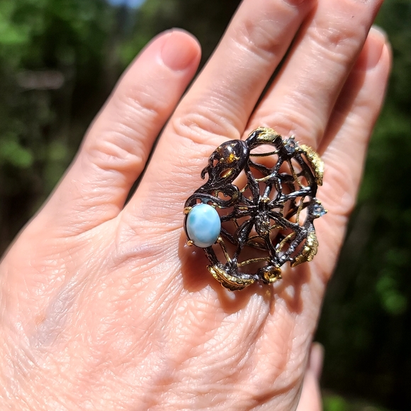Larimar Citrine & Topaz Sterling & Gold Spiderweb 🕸 🕷 Spider ring sz8 - Picture 7 of 8